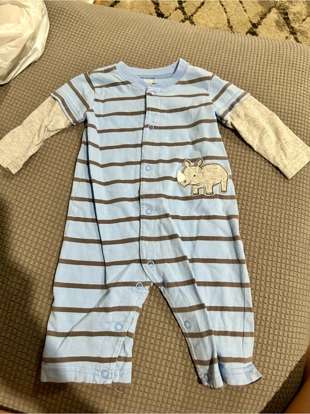 Carter's Light Blue and Gray Striped Baby One-Piece with Rhino Patch